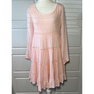 Altard State Pink Crochet Lace‎ Tiered Babydoll Mini Dress M Long Sleeve